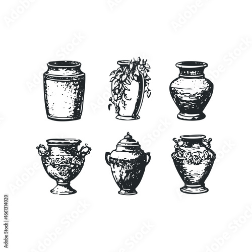 Collection of six antique pottery vase sketches with different styles