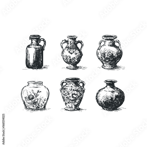 Collection of six sketched antique ceramic vases with floral engravings and handles