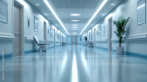 Low angle perspective of a sterile blue hospital corridor with a shiny floor, symbolizing the future of modern healthcare and medical technology