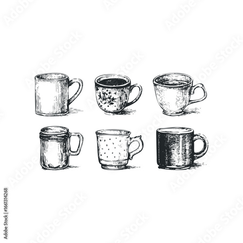 Collection of six hand-drawn mugs filled with beverages on a white background