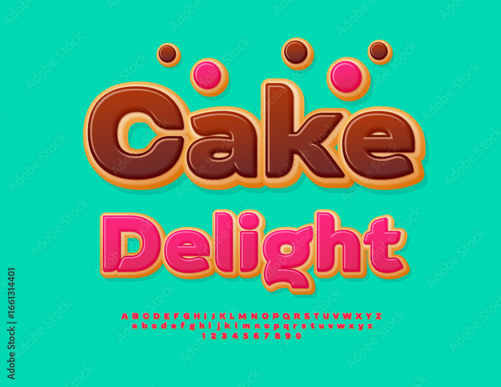 Naklejka premium Vector Marketing board Cake Delight. Sweet Donut Font. Tasty Glazed Alphabet Letters and Numbers set
