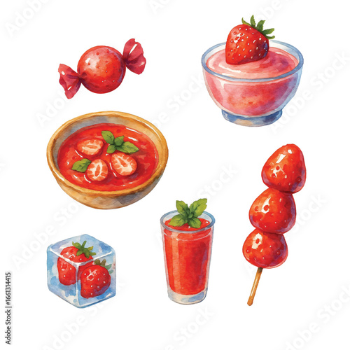Watercolor Strawberry-Theme, Food Edition #1—Strawberry Candy, Pudding, Soup, Tanghulu, Juice, and Ice Cube. Vector Illustration. Design Element. Clip art. Suitable for artwork design.