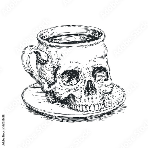 Sketch of skull-shaped coffee cup and saucer with dark liquid
