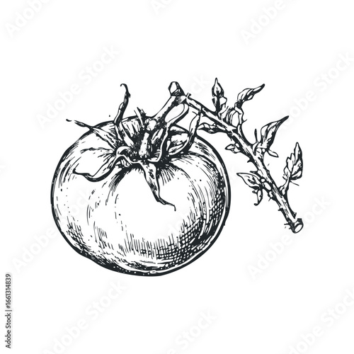 Hand drawn vine with ripening tomato and leaves