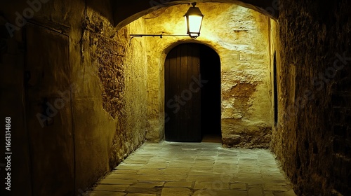 Dark, stone alleyway lit by a lantern