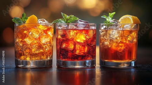 Three glasses filled with iced drinks garnished with lemon slices and mint leaves placed on a dark surface with bokeh lights in the background