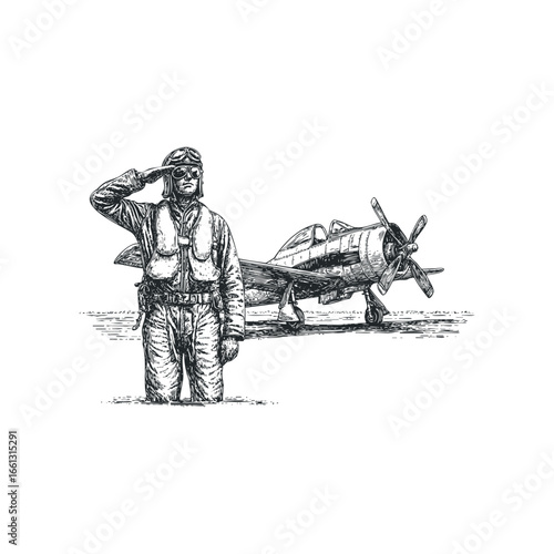 Pilot saluting beside vintage propeller airplane drawing
