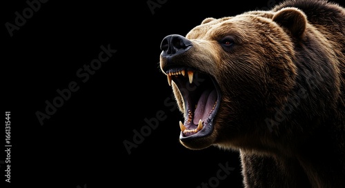 Powerful grizzly bear roaring fiercely, mouth wide open, displaying sharp teeth, a vivid close-up capturing its aggressive and untamed nature against a dramatic, dark background.