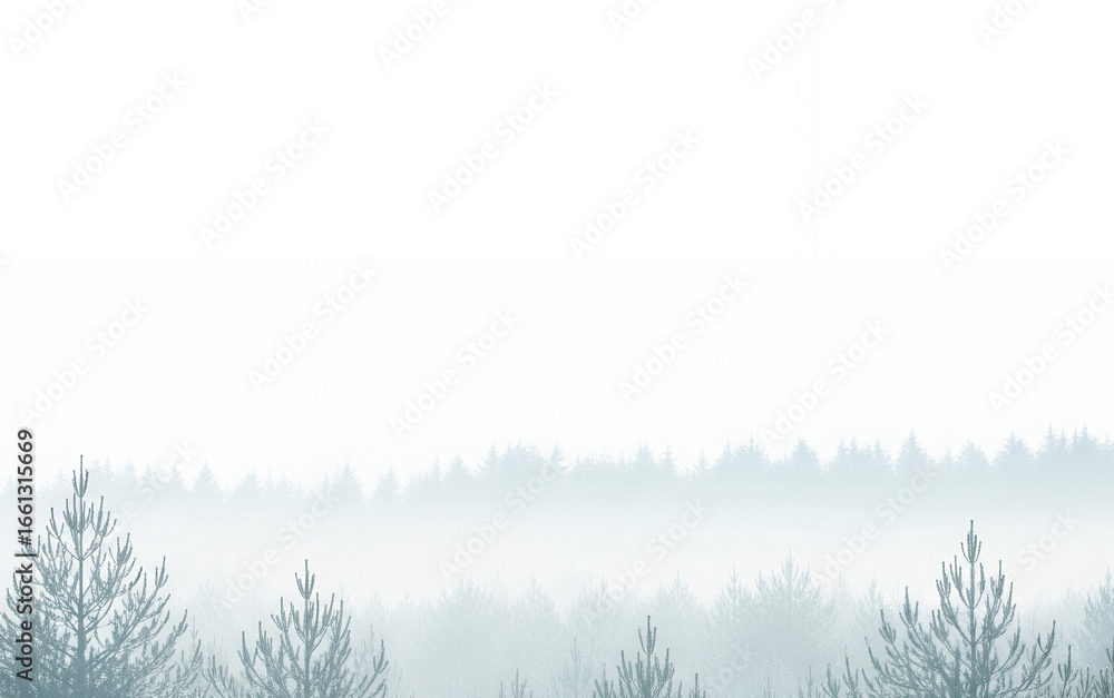 Obraz premium Foggy forest landscape with trees in the distance and a white sky.