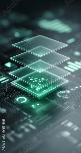 Layered tech interface, glowing green overlay