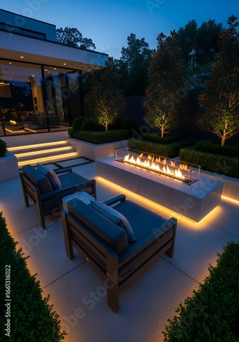 Modern Outdoor Patio with a Linear Fire Feature, Lounge Chairs, and LED Lighting at Evening