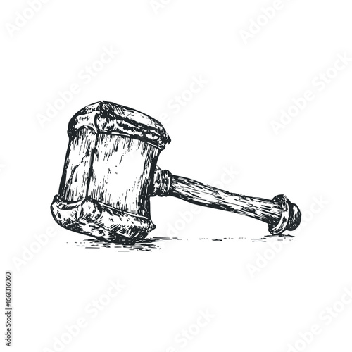 Wooden gavel resting on a white background, displayed in a detailed sketch style