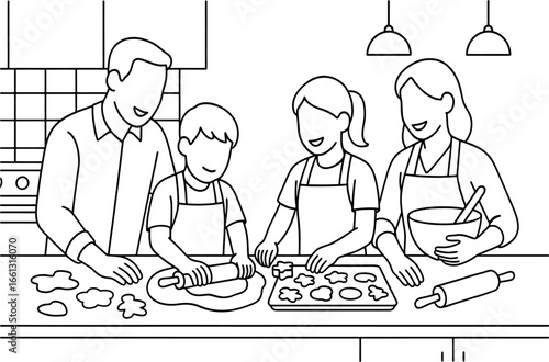 Family Baking Cookies in Kitchen Line Art Vector Eps