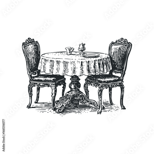 Ornate Table Setting with Two Chairs in Vintage Engraving Style