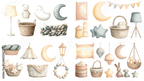 Soft pastel nursery decoration set with moon, stars, pillows, toys, lamps, baskets, and hanging ornaments in cozy Scandinavian baby room style.