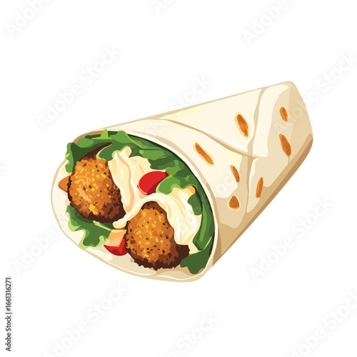 flat vector of a Mediterranean falafel wrap with hummus and veggies, modern healthy cuisine