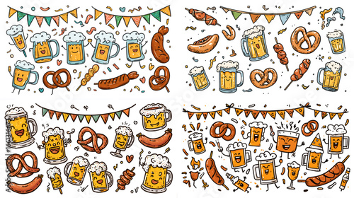 Playful Oktoberfest doodle illustration featuring beer mugs, sausages, pretzels, flags, and festive party elements in hand-drawn style.