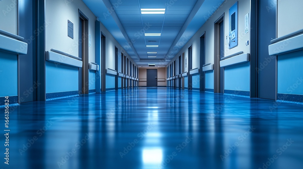 Obraz premium Empty modern hospital corridor with blue reflective floors