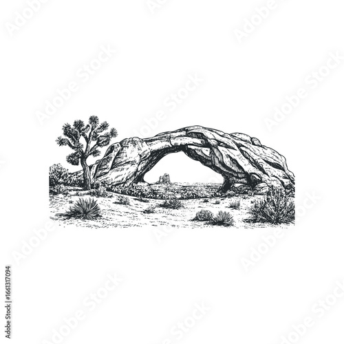 Monolithic rock arch formation with desert vegetation and distant rock spire