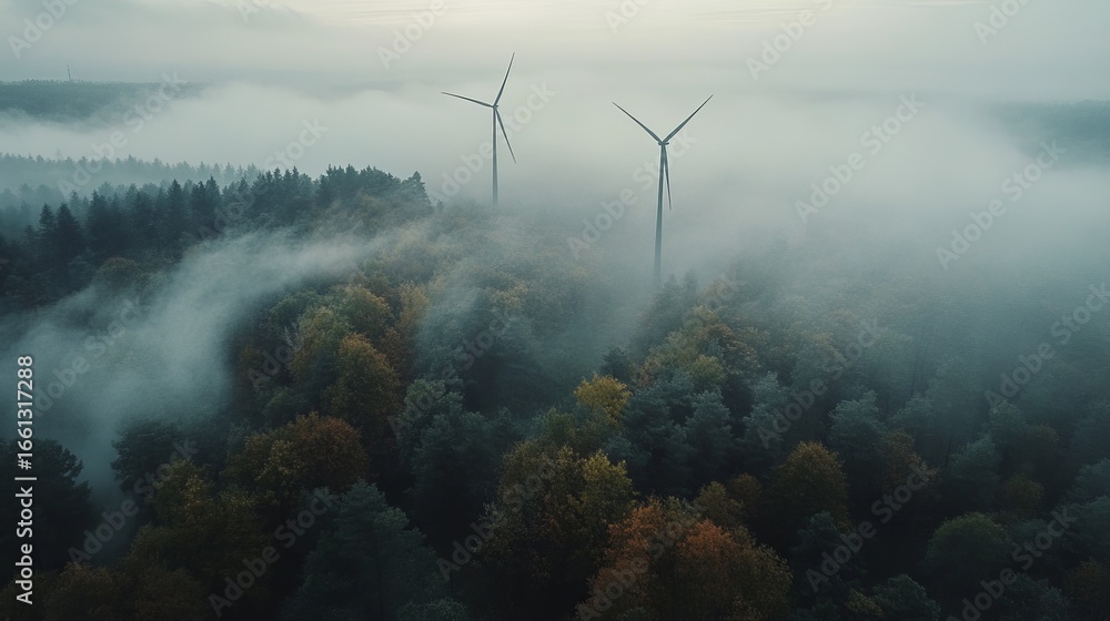 Fototapeta premium Misty forest with wind turbines (1)