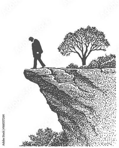 A lone businessman walks toward the edge of a perilous cliff, embodying risk and uncertainty. Vintage withered woodcut linocut style engraving vector illustration.