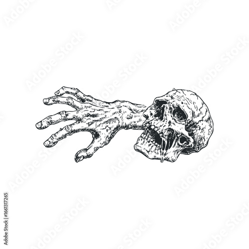 Grotesque hand and skull sketch with dripping details