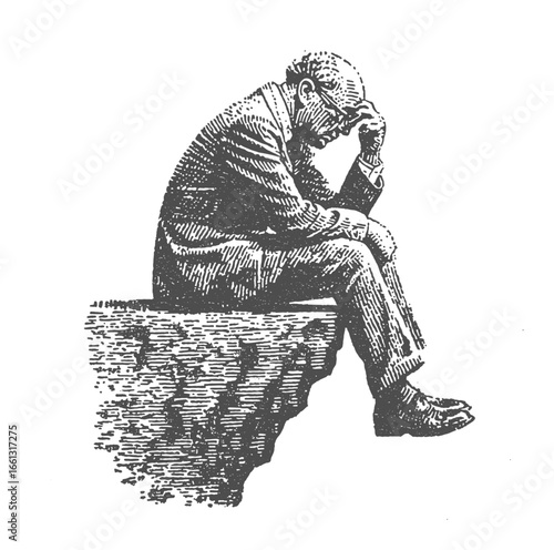 A pensive man sits on a cliff, contemplating his troubles. Vintage withered woodcut linocut style engraving vector illustration.
