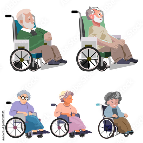 Illustration of elderly man and woman sitting in a wheelchair