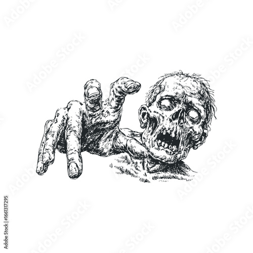Detailed sketch of a decaying zombie reaching forward with outstretched hand