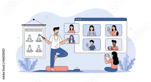 Online yoga class illustration with diverse participants and instructor