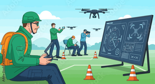 Training session for drone pilots with safety measures and control monitoring