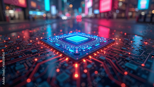 Futuristic AI Microchip on Circuit Board with Neon City Glow