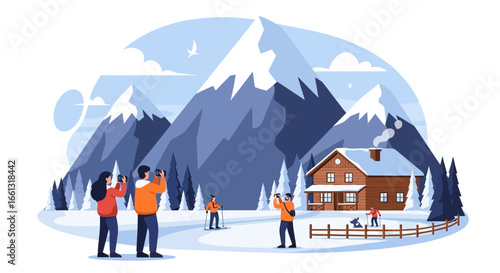 Winter holiday landscape scene with log cabin and people enjoying the mountain view