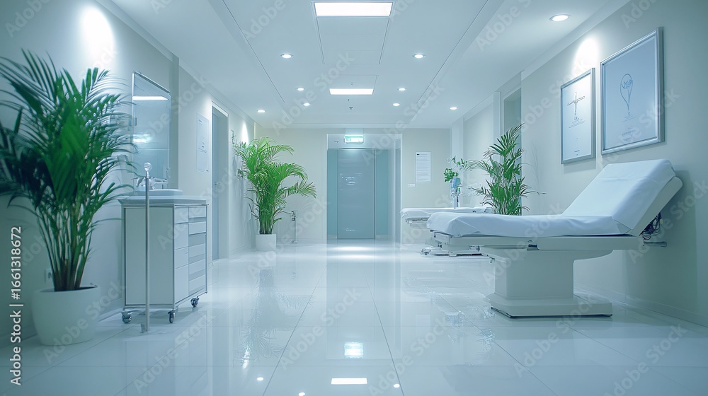 Fototapeta premium sterile environment scene of clean white tile floor, diffused soft light, professional healthcare setting