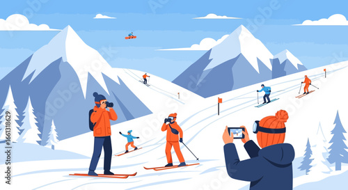 Capturing winter fun: Skiers and snowboarders on snowy mountain slopes