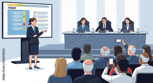 Business presentation with female presenter discussing project performance dashboard