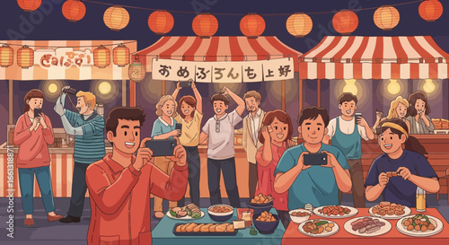 Vibrant evening gathering at a festive food market with diverse joyful people