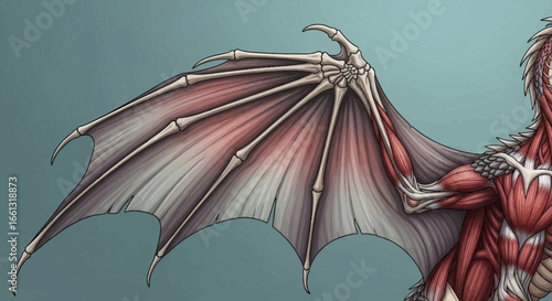 Anatomical Illustration of a Dragon's Wing and Musculature on a Cyan Backdrop