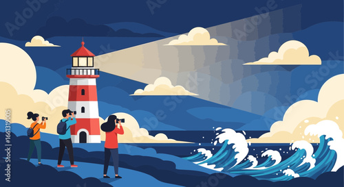 Illustrated coastal scene featuring a lighthouse and tourists capturing the seascape