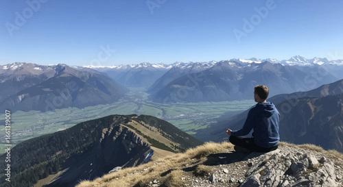 Contemplative retreat: Peaceful mindfulness amidst majestic mountain panorama