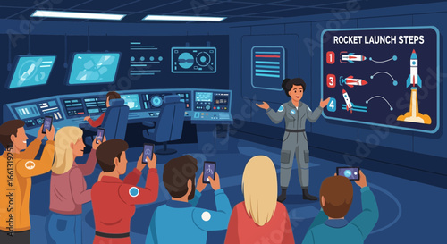 Illustrative seminar showcasing rocket launch steps in a futuristic space control room