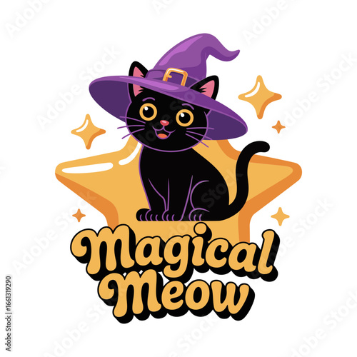 Magical meow black cat with witch hat and star wand, cute Halloween label, sticker poster t shirt vector