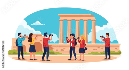 Illustrated tourists capturing images of ancient architecture during a tour