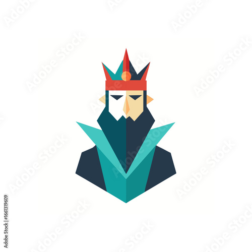 a royal king with a sharp  geometric crown and a s