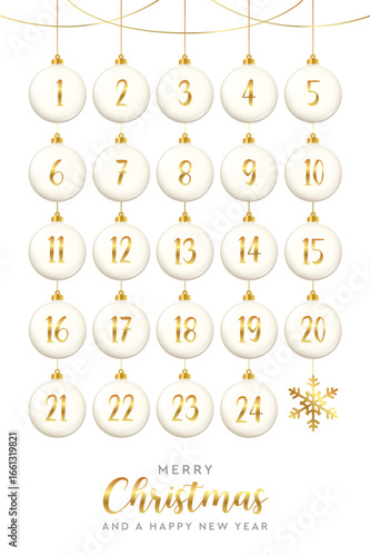 advent calendar with hanging christmas balls in white and golden colors vector illustration