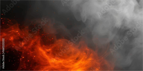 Vibrant fiery orange and red flames dance with smoke and heat in a burning fireplace