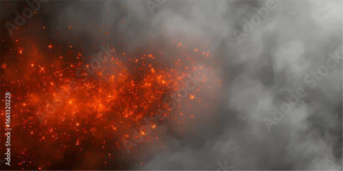 Burning flames of a fiery inferno blaze red and orange against a dark, smoky sky