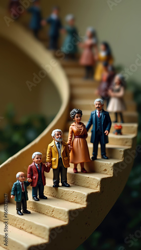 Miniature family of four generations of couples lined up on spiral staircase steps - illustration of growth and development.