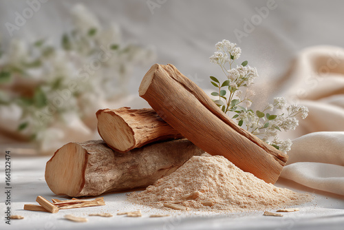 Sandalwood logs and shavings perfume ingredients.
