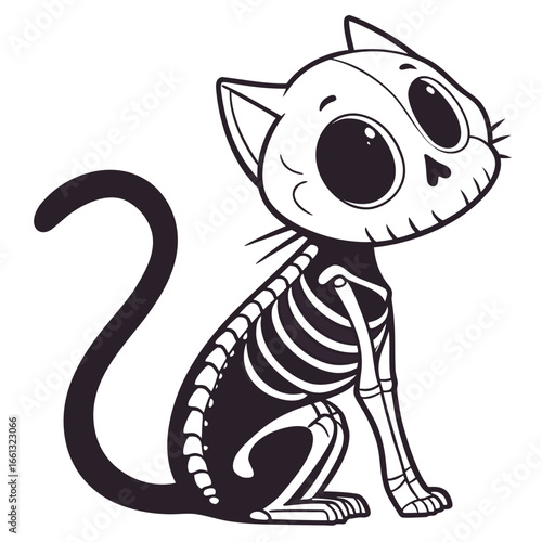 Cute cartoon cat skeleton sitting with large curious eyes drawing